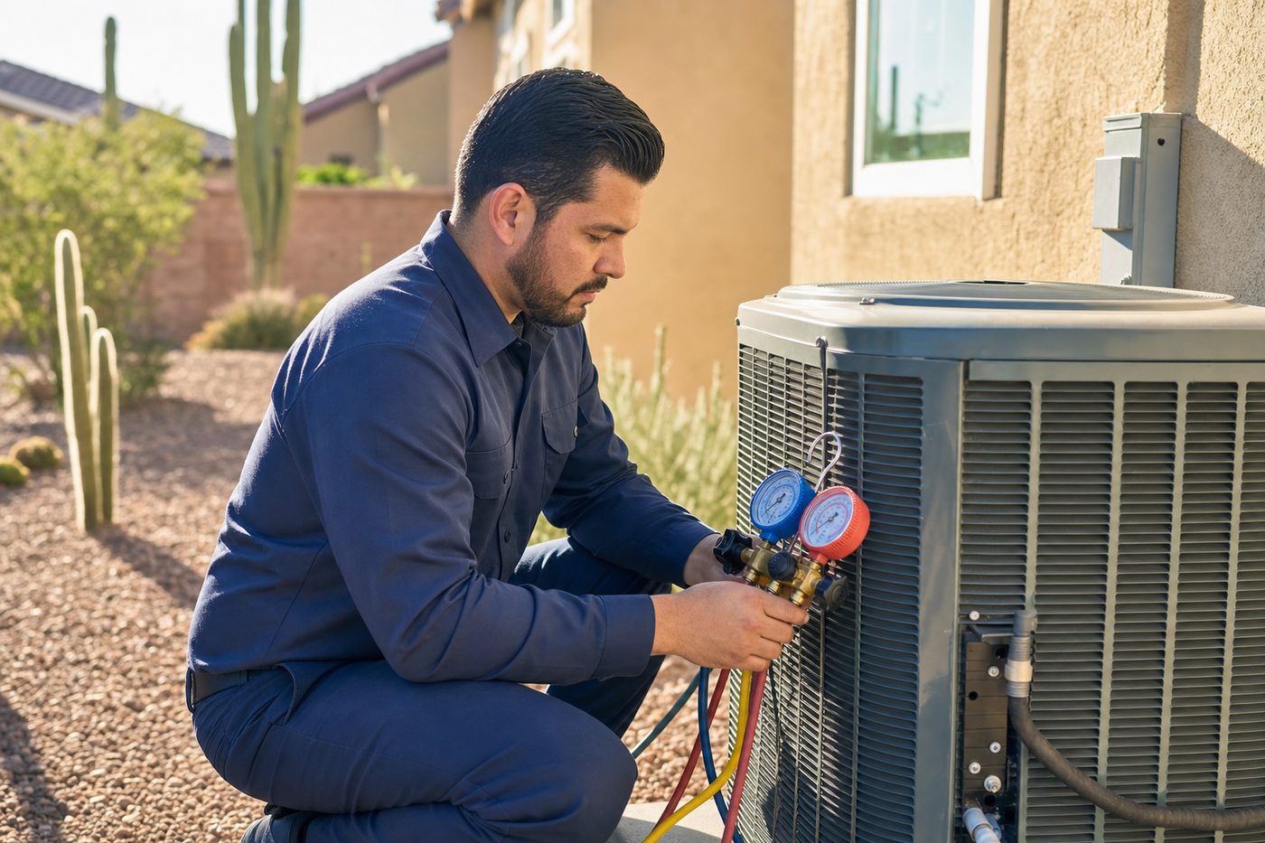 Air Wizards technician checking refrigerant pressure on a residential condenser unit